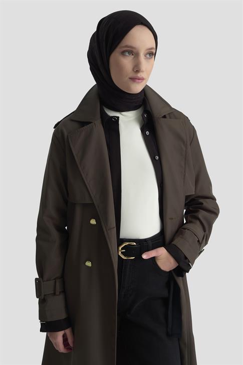 Armine Gold Düğmeli Trençkot 25KTD709 Kahverengi