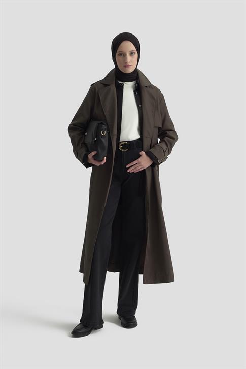 Armine Gold Düğmeli Trençkot 25KTD709 Kahverengi