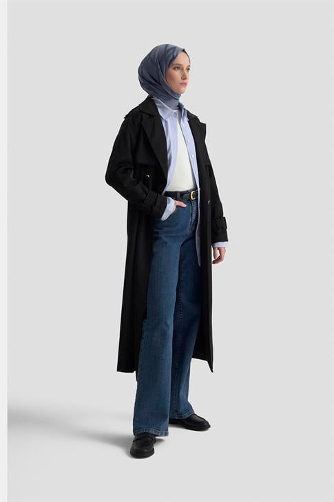 Armine Gold Düğmeli Trençkot 25KTD709 Siyah