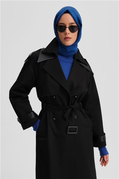 Armine Seyyar Deri Yakalı Pamuk Trençkot 24K7500 Siyah