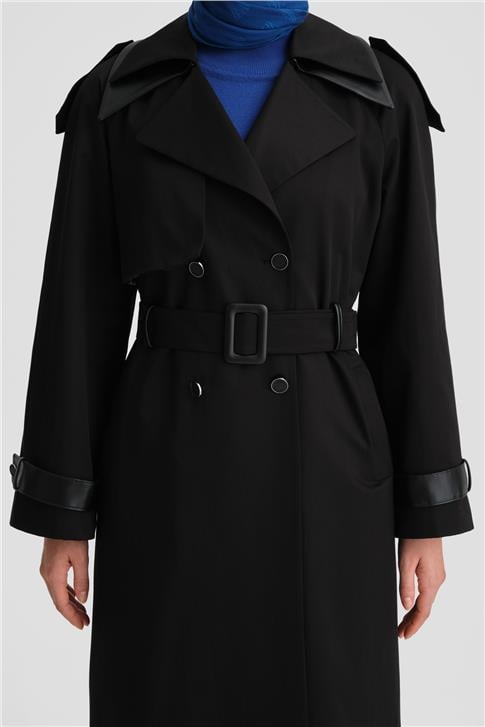 Armine Seyyar Deri Yakalı Pamuk Trençkot 24K7500 Siyah