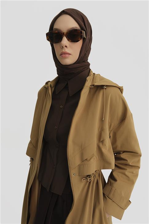 Armine Çift Allerli Seyyar Kapüşonlu Pamuk Kap 24K7511 Camel