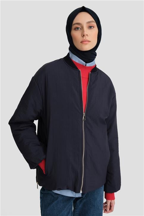 Armine Yaka Ribanalı Bomber Mont 25KD7522 Lacivert