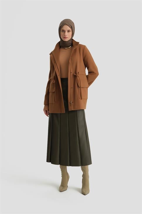 Armine Beli Bağcıklı Kısa Kaban 24KH7528 Taba