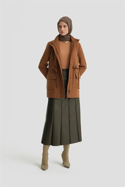 Armine Beli Bağcıklı Kısa Kaban 24KH7528 Taba