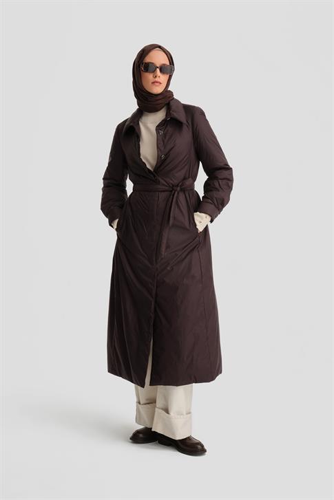 Armine Seyyar Kemerli Kapitone Kaban 24K7602 Kahverengi