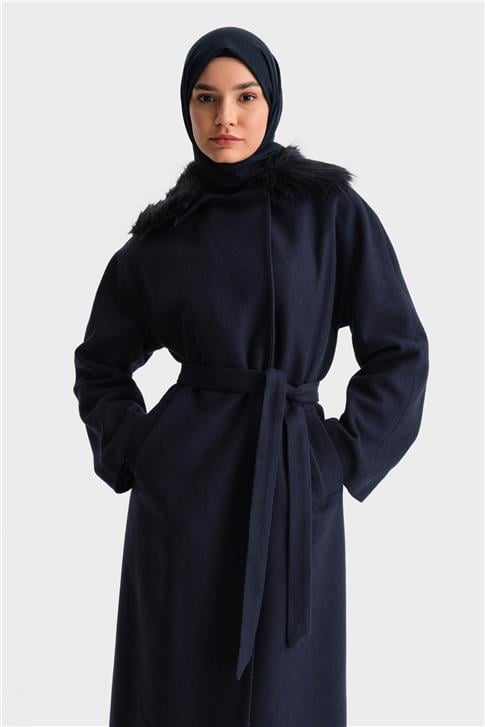 Armine Seyyar Kürklü Bütün Kol Manto 25K8105 Lacivert