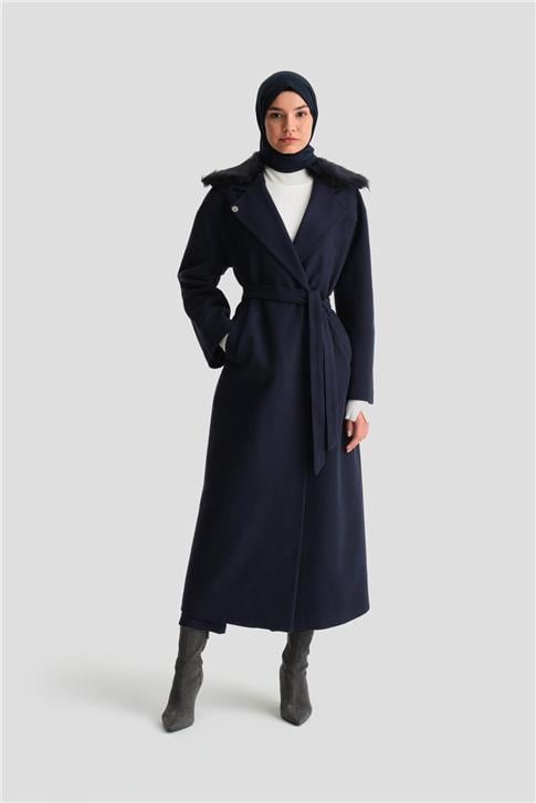 Armine Seyyar Kürklü Bütün Kol Manto 25K8105 Lacivert