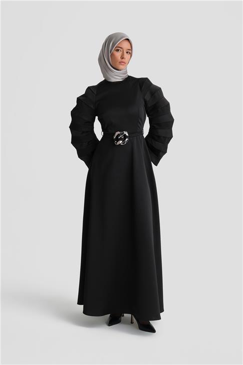 Armine Akordiyon Kollu Şık Elbise 24K9900 Siyah