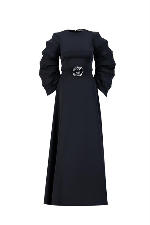 Armine Akordiyon Kollu Şık Elbise 24K9900 Siyah