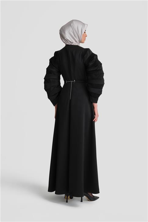 Armine Akordiyon Kollu Şık Elbise 24K9900 Siyah