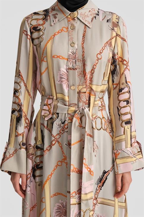 Armine Zincir Desenli Elbise 25K9901 Vizon