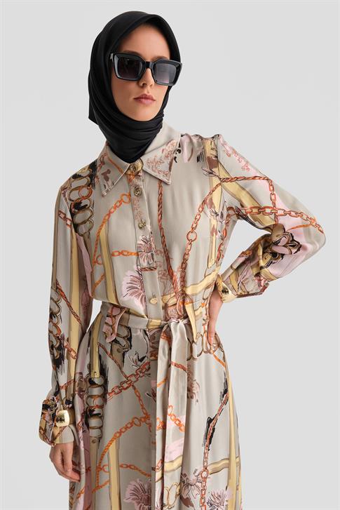 Armine Zincir Desenli Elbise 25K9901 Vizon