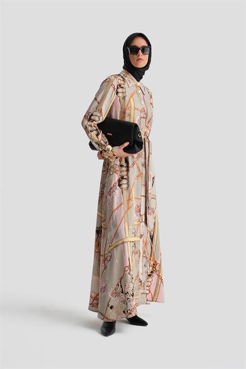 Armine Zincir Desenli Elbise 25K9901 Vizon