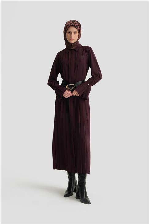 Armine Piliseli Gömlek Elbise 24K9904 Mor