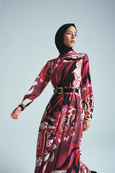 Armine Piliseli Ve Desenli Elbise 24K9907 Kırmızı