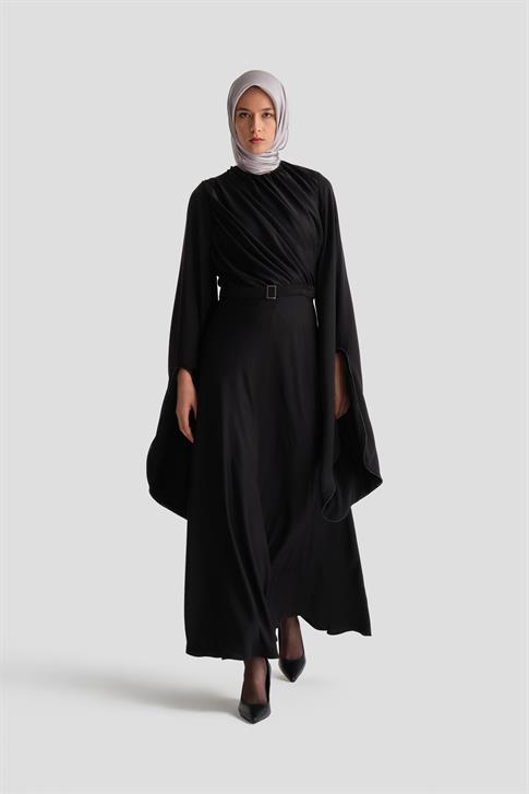 Armine Volanlı Ve Taşlı Kollu Abiye Elbise 24K9912 Siyah