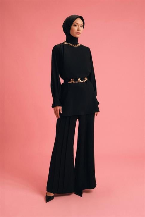 Armine Çift Nervürlü Saten Pantolon 24Y2616 Siyah