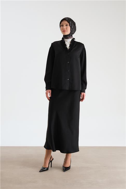 Armine Yakası Büzgülü Saten Gömlek 24Y3504 Siyah