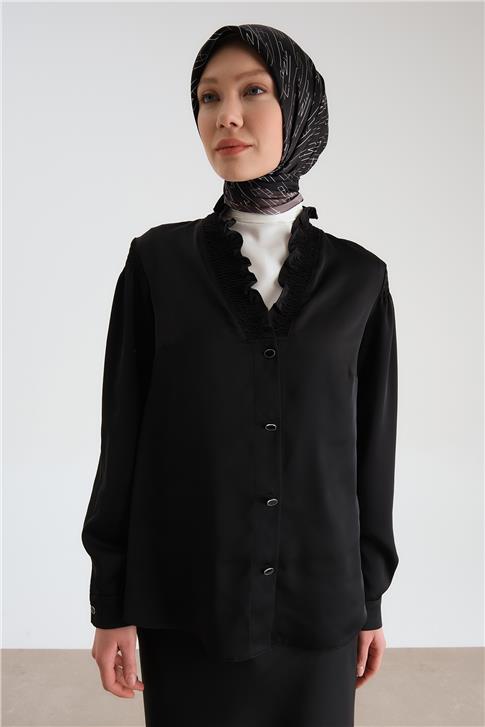 Armine Yakası Büzgülü Saten Gömlek 24Y3504 Siyah