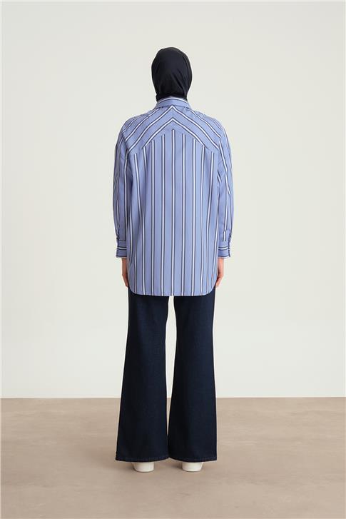 Armine Çizgili Oversize Gömlek 24Y3505 Mavi
