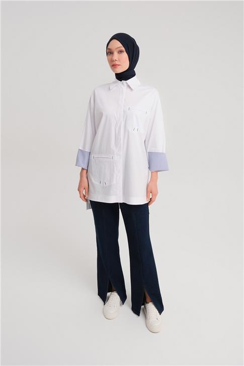 Armine Çizgili Manşetli Gömlek 24Y3506 Beyaz