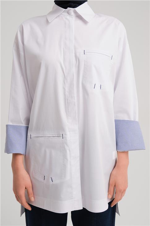 Armine Çizgili Manşetli Gömlek 24Y3506 Beyaz