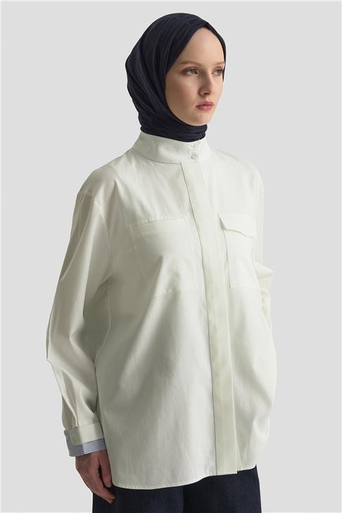 Armine Çizgili Garnili Pamuk Gömlek 24Y3524 Beyaz