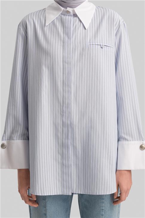 Armine Kalın Manşetli Çizgili Poplin Gömlek 24Y3554 Mavi