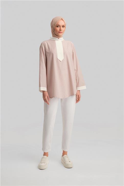 Armine Grogrenli Ve Taşlı Çizgili Gömlek 24Y3556 Camel