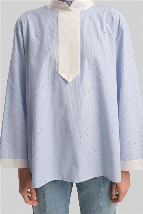 Armine Grogrenli Ve Taşlı Çizgili Gömlek 24Y3556 Mavi