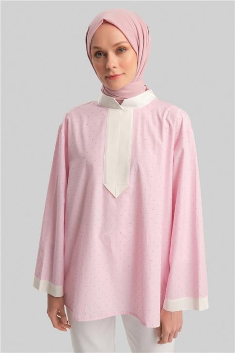 Armine Grogrenli Ve Taşlı Çizgili Gömlek 24Y3556 Pembe
