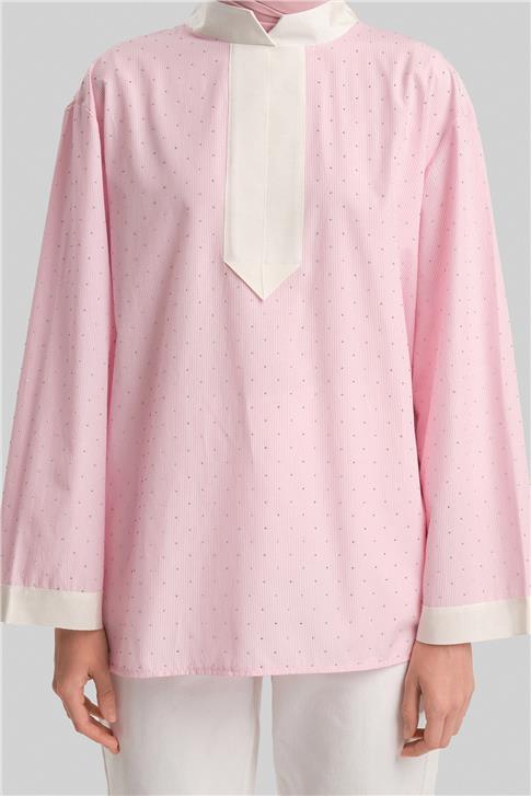 Armine Grogrenli Ve Taşlı Çizgili Gömlek 24Y3556 Pembe