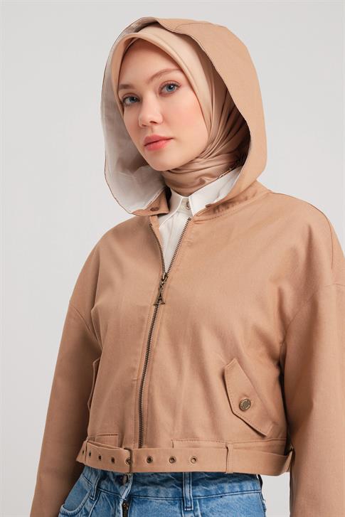 Armine Seyyar Kapüşonlu Ve Kemerli Pamuk Ceket 24Y5406 Camel