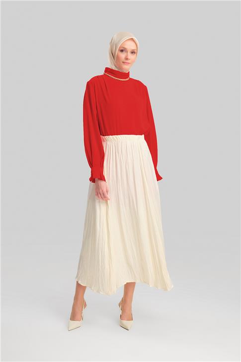 Armine Kırışık Görünümlü Pileli Etek 24Yd5601 Ekru