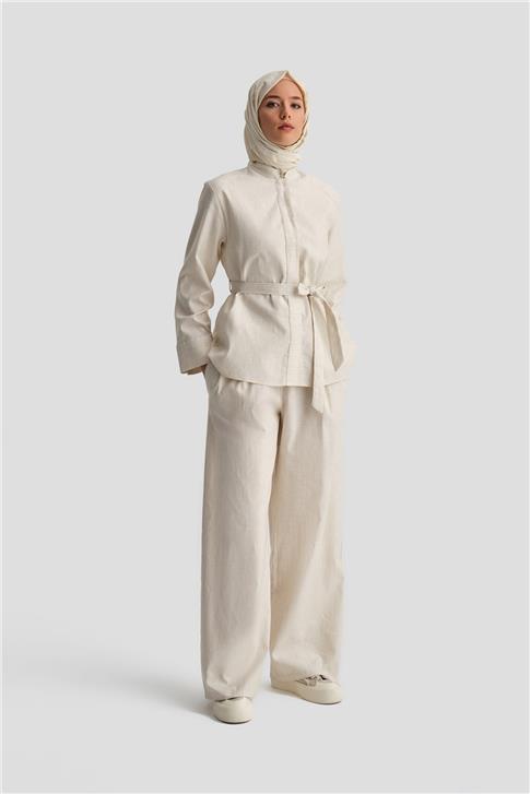 Armine Kalın Çizgili Pamuk Takım 24K6853 Açık Bej