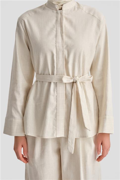 Armine Kalın Çizgili Pamuk Takım 24K6853 Açık Bej