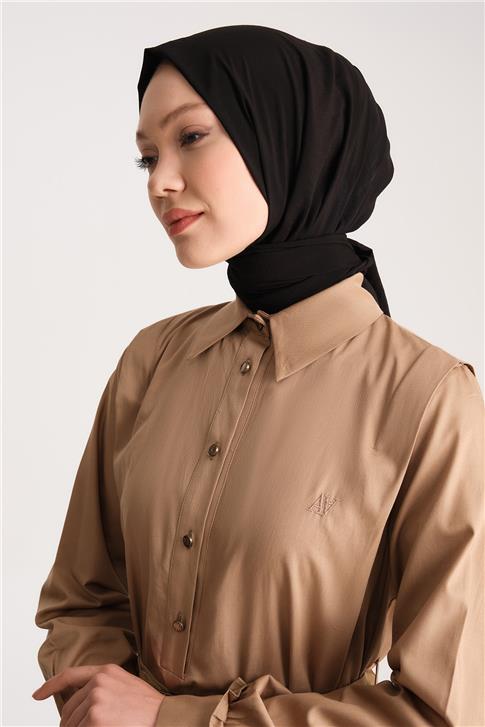 Armine Üstü Düğmeli Pamuk Gabardin Elbise 24Y9807 Camel