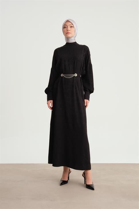 Armine Aksesuar Detayl Jakarlı Viskoz Abiye 24Y9808 Siyah