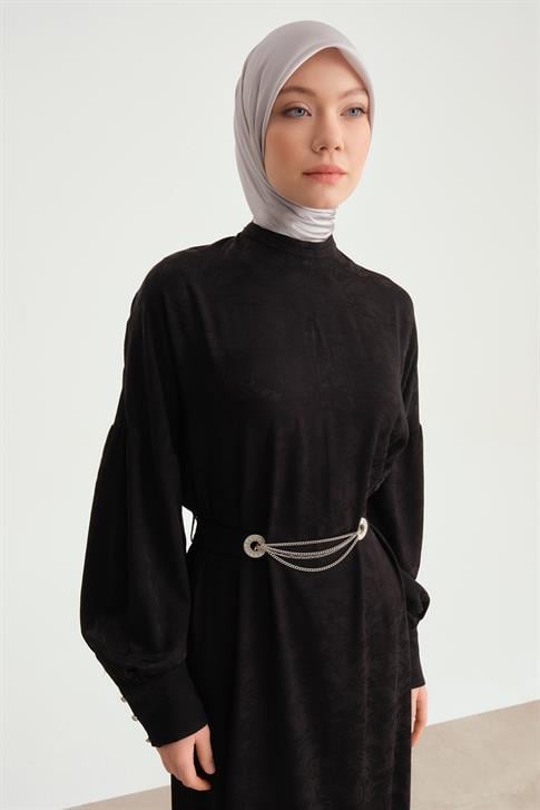 Armine Aksesuar Detayl Jakarlı Viskoz Abiye 24Y9808 Siyah