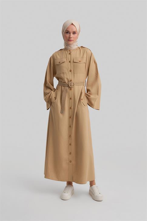 Armine Hasır Kemerli Elbise 24Y9817 Bej