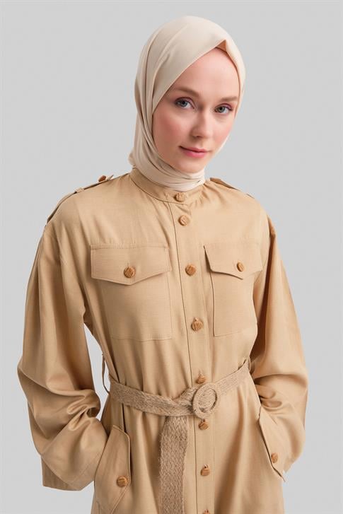 Armine Hasır Kemerli Elbise 24Y9817 Bej