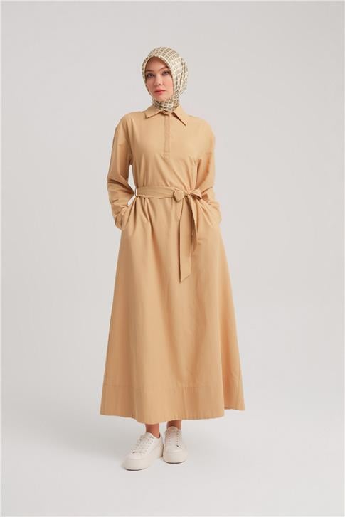Armine Polo Yaka Basic Pamuk Elbise 24Y9822 Camel