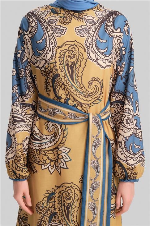 Armine Bordüp Detaylı Desenli Elbise 24Y9826 Safran