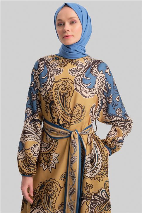 Armine Bordüp Detaylı Desenli Elbise 24Y9826 Safran
