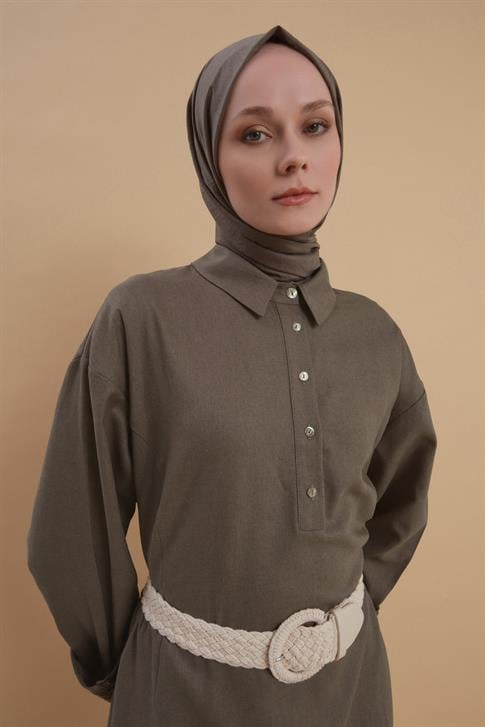 Armine Kalın Manşetli Keten Elbise 24Y9830 Koyu Vizon