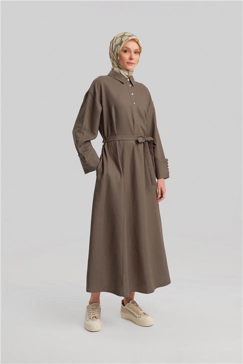 Armine Kalın Manşetli Keten Elbise 24Y9830 Koyu Vizon