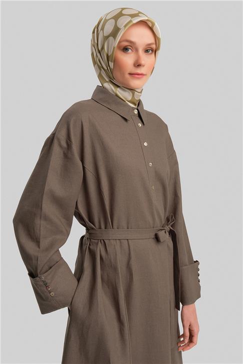 Armine Kalın Manşetli Keten Elbise 24Y9830 Koyu Vizon