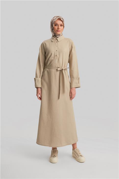 Armine Kalın Manşetli Keten Elbise 24Y9830 Aytaşı