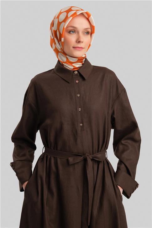 Armine Kalın Manşetli Keten Elbise 24Y9830 Acı Kahve